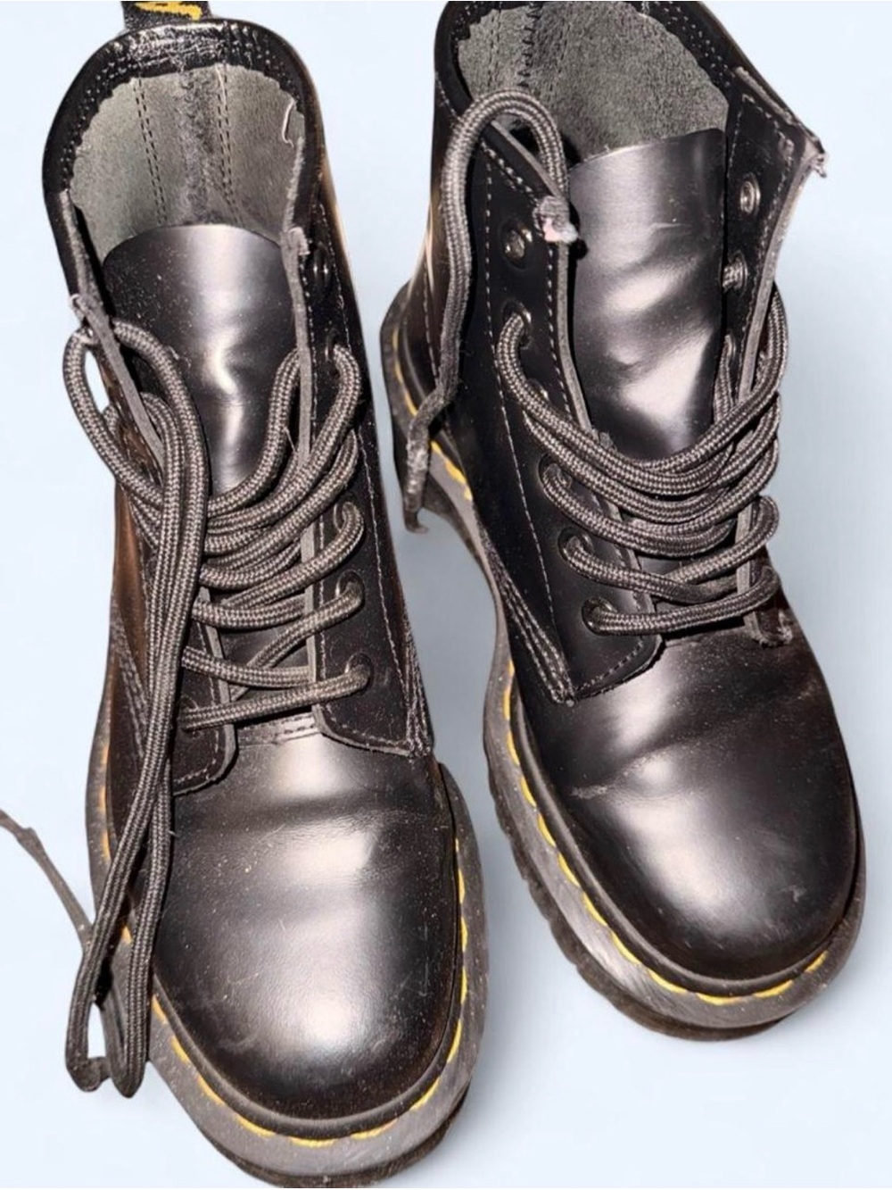 Dr. Martens Black Leather Lace-Up Boots with Yellow Stitching